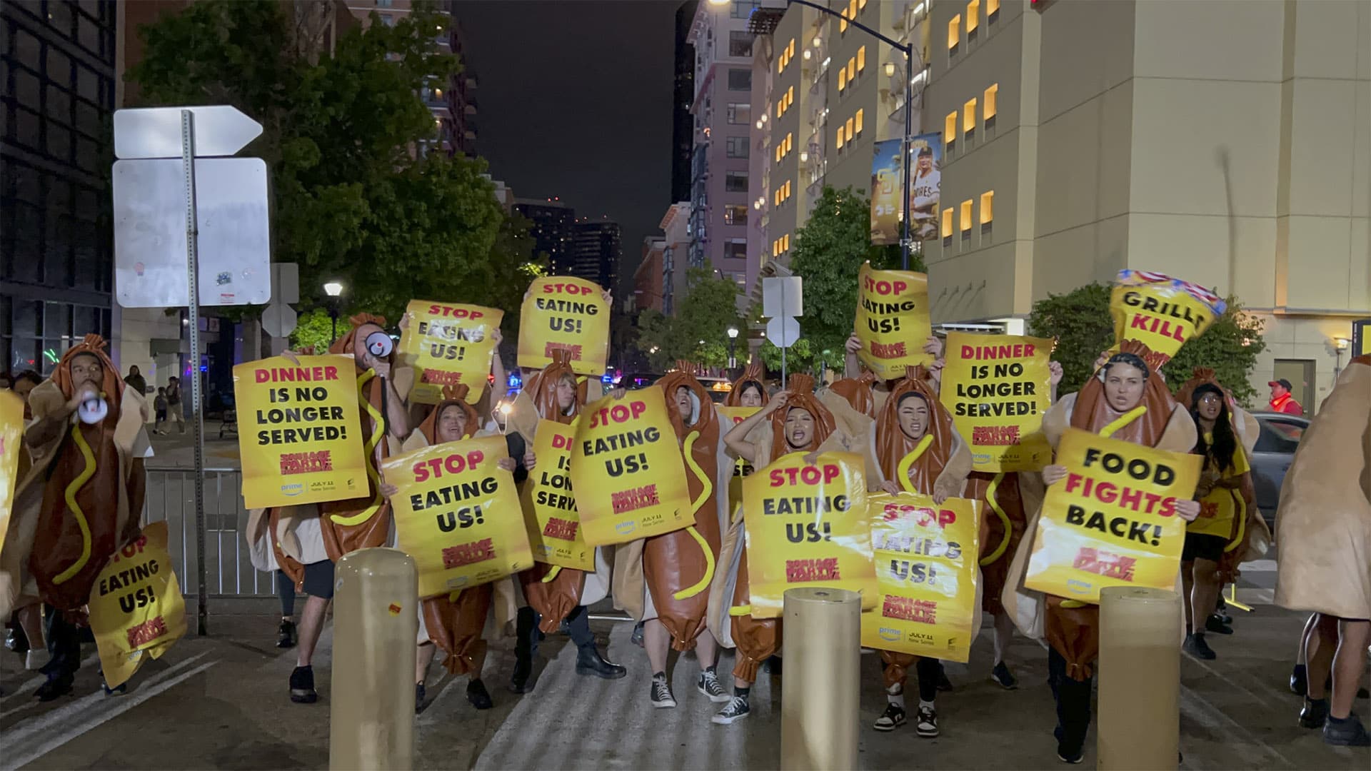 Sausage Party food protesters in yellow costumes